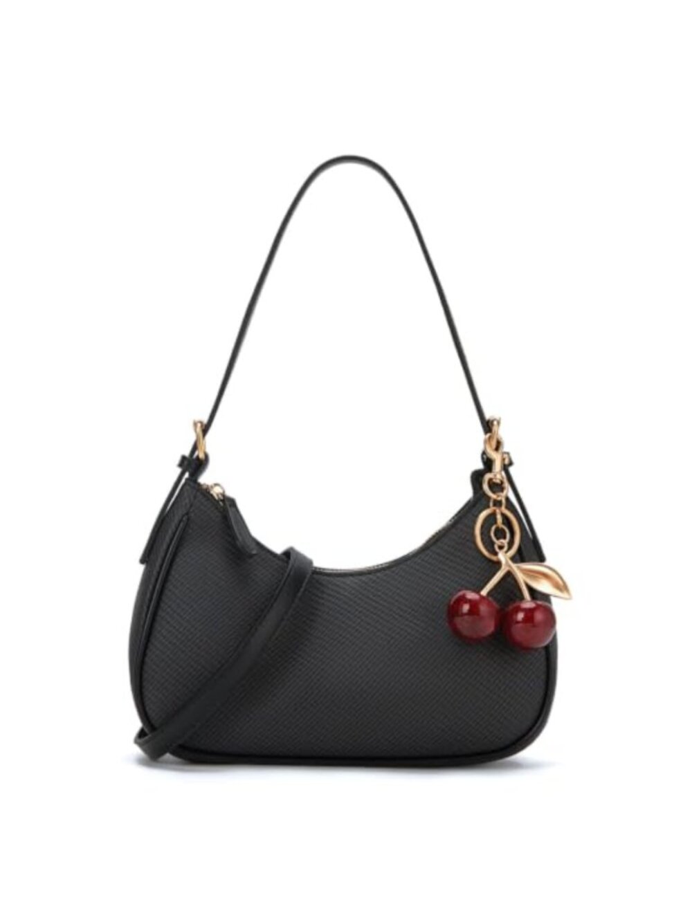 Small Woven Hobo Shoulder Bag with Faux Leather Trim and Cherry Charm